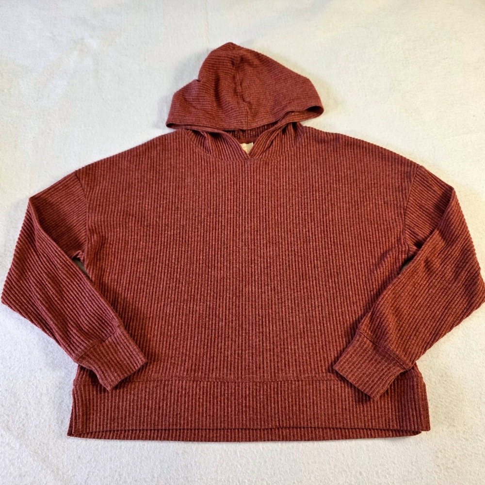 Freely Womens Rust Ribbed Knit Cropped Hoodie Thumbhole Pullover VLT4720M S